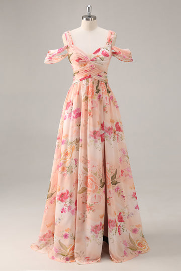 Pink Floral Ruched Long Bridesmaid Dress with Slit